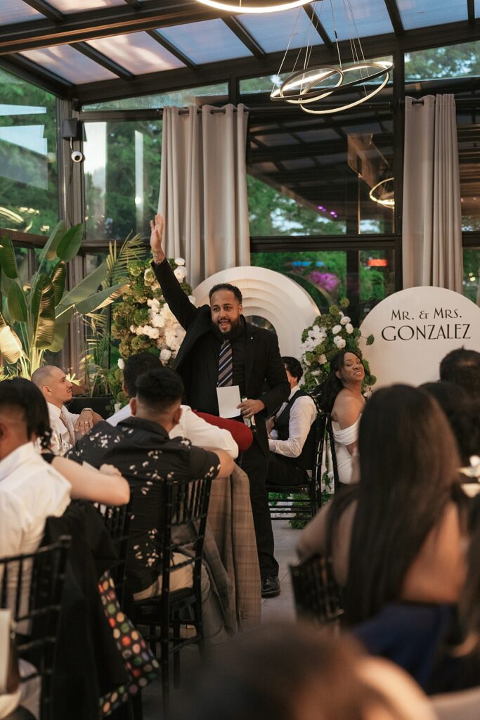 Wedding guests play a game at a Westchester wedding 